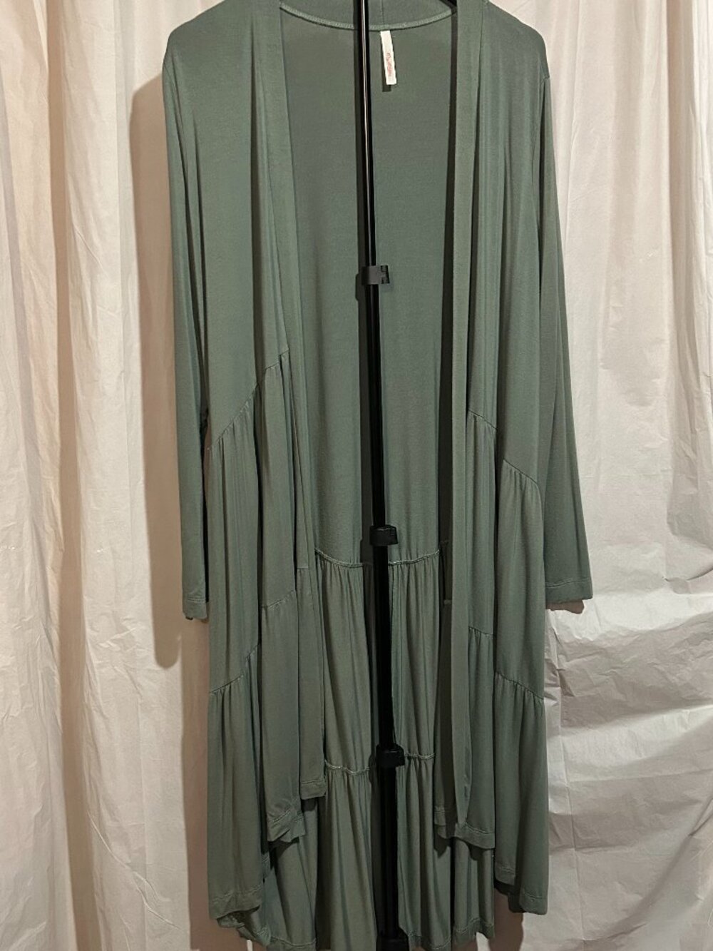 My Story Sage Green Tiered Open Front Duster Cardigan Longline Size M
